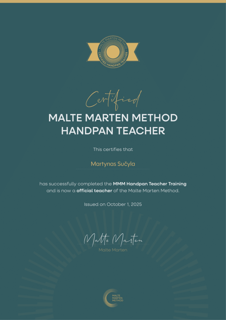 Certifikatas pažymintis Handpan mokytojo statusą